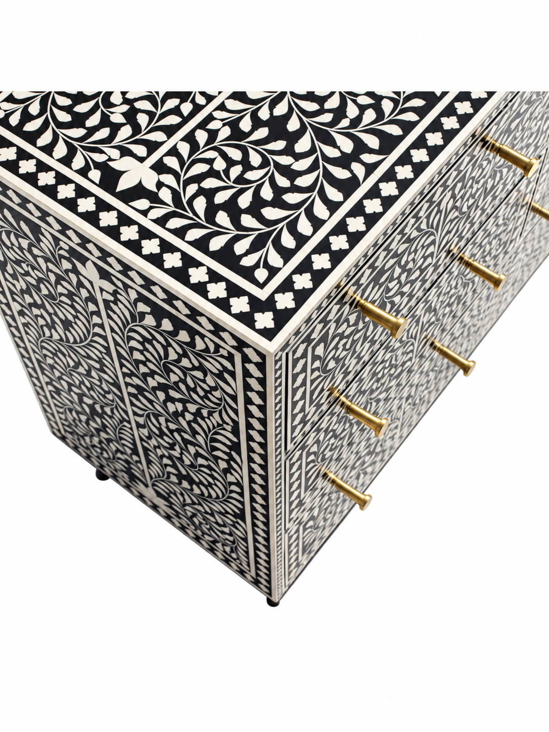 Handmade Black Bone Inlay 9 Drawer Dresser – Floral Vine Design