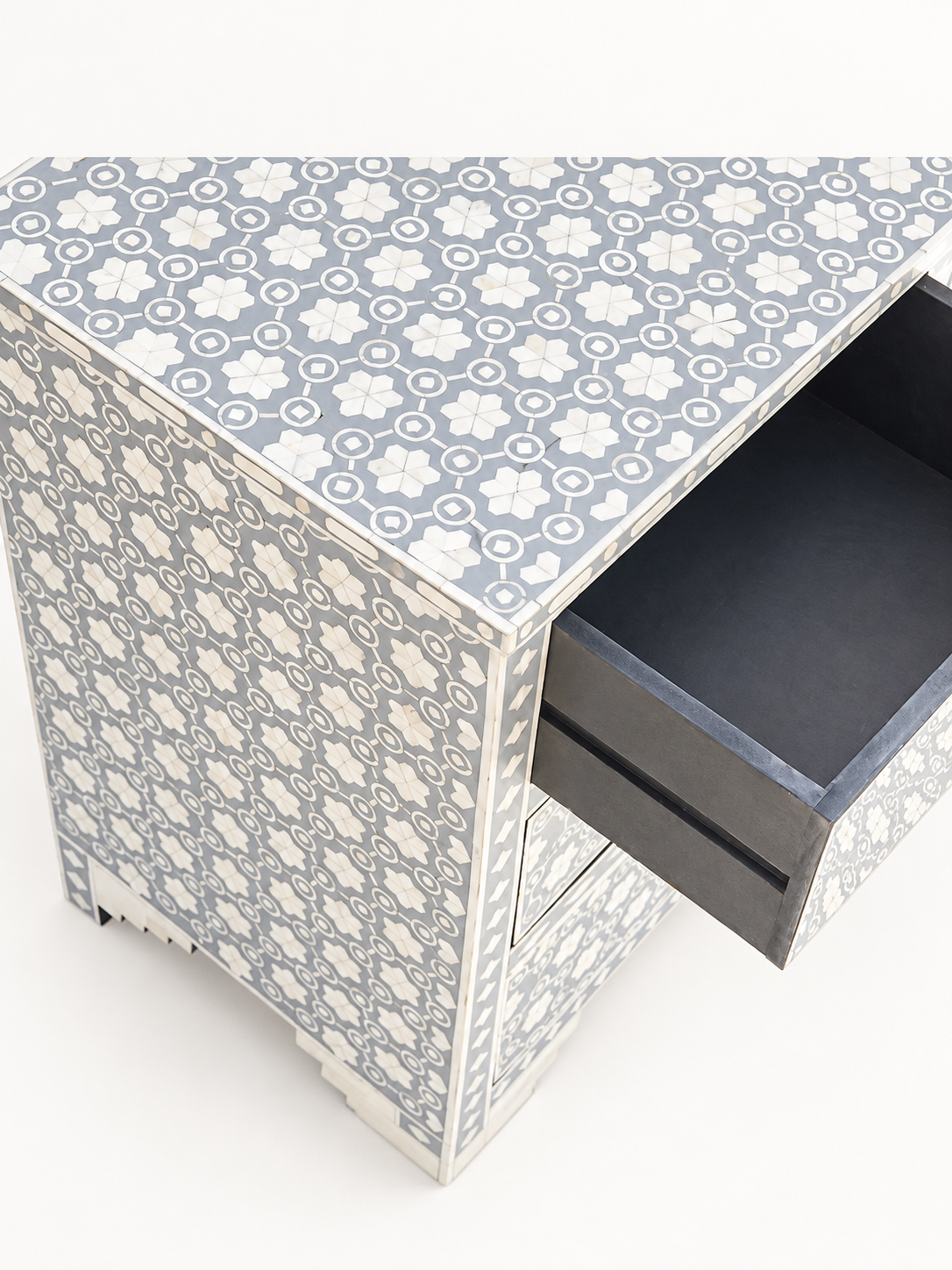 Handmade Grey Bone Inlay Chest of Drawers – Floral Geometric Dresser