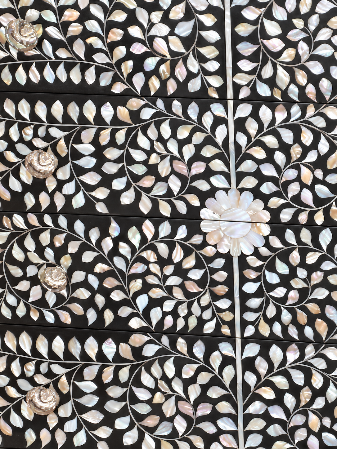 Black Mother of Pearl Inlay Chest of Drawers – 8 Drawer Floral Dresser