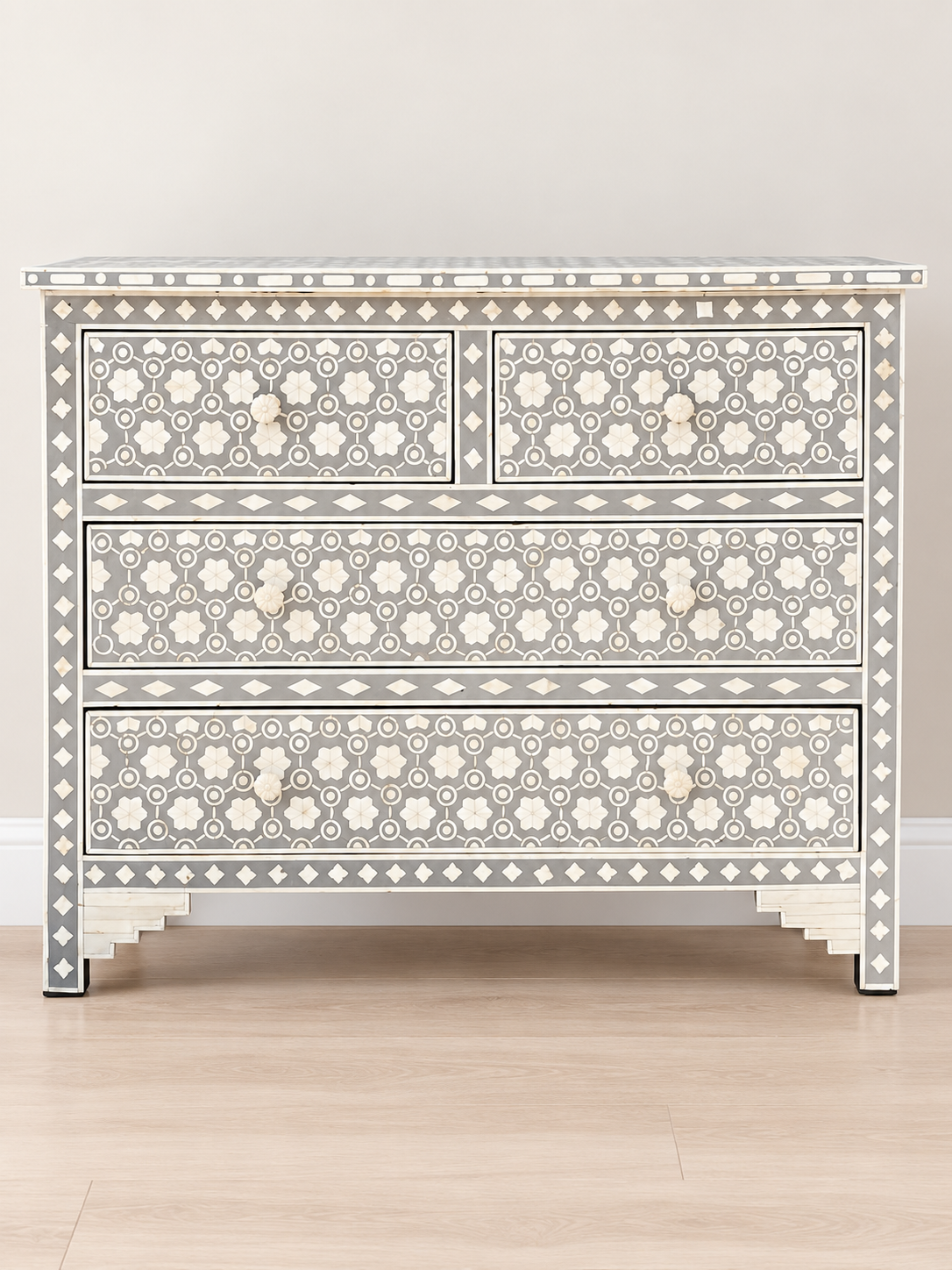 Handmade Grey Bone Inlay Chest of Drawers – Floral Geometric Dresser