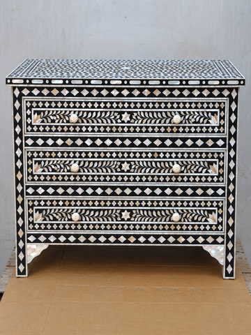 Black mother of pearl inlay chest of drawers with three drawers and handmade floral leaf design