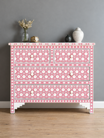 Handmade Pink Bone Inlay Chest of Drawers – Floral 4 Drawer Dresser