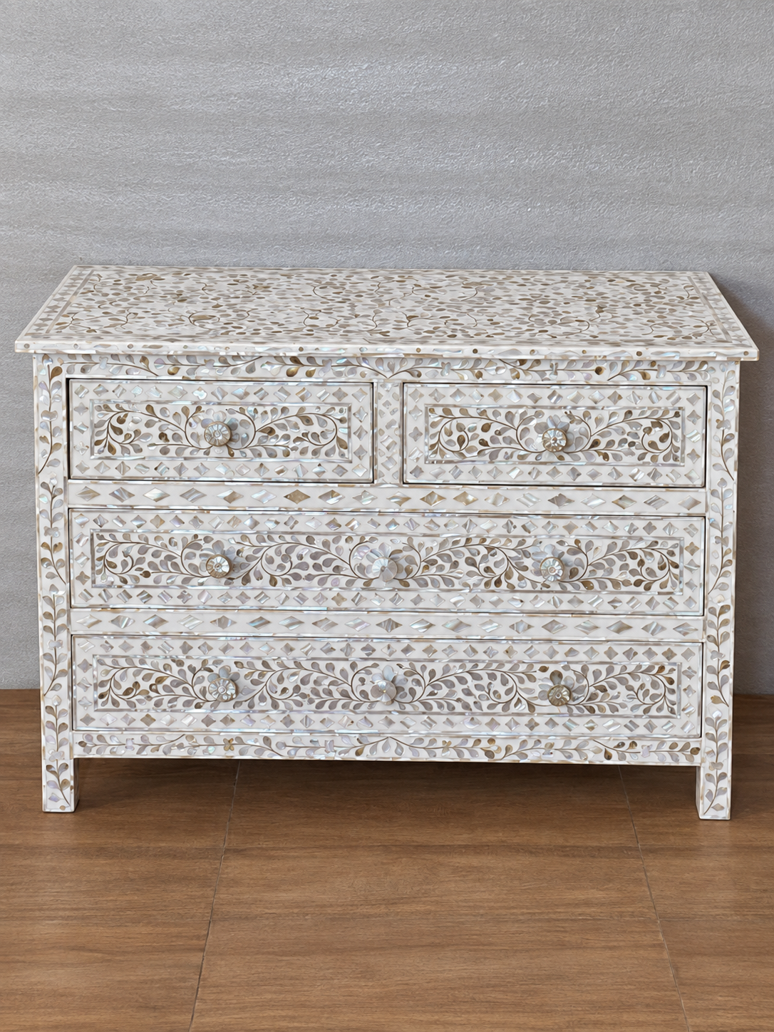 White mother of pearl inlay sideboard with four drawers and handmade floral design