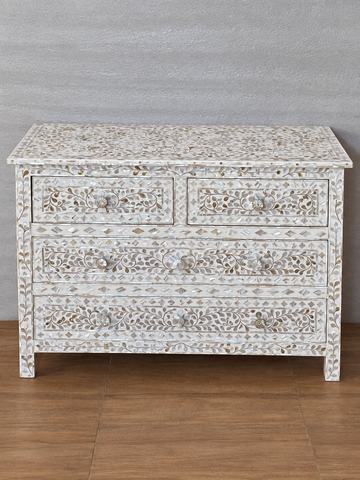 White mother of pearl inlay sideboard with four drawers and handmade floral design