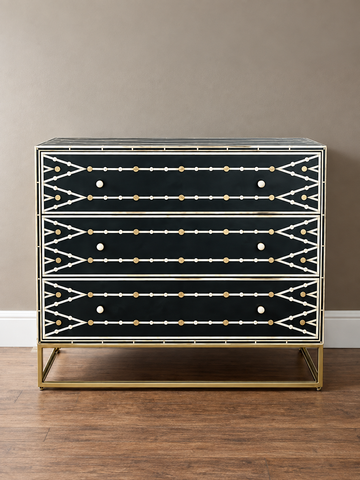 Handmade Black Bone Inlay Dresser – 3 Drawer Chest with Brass Base