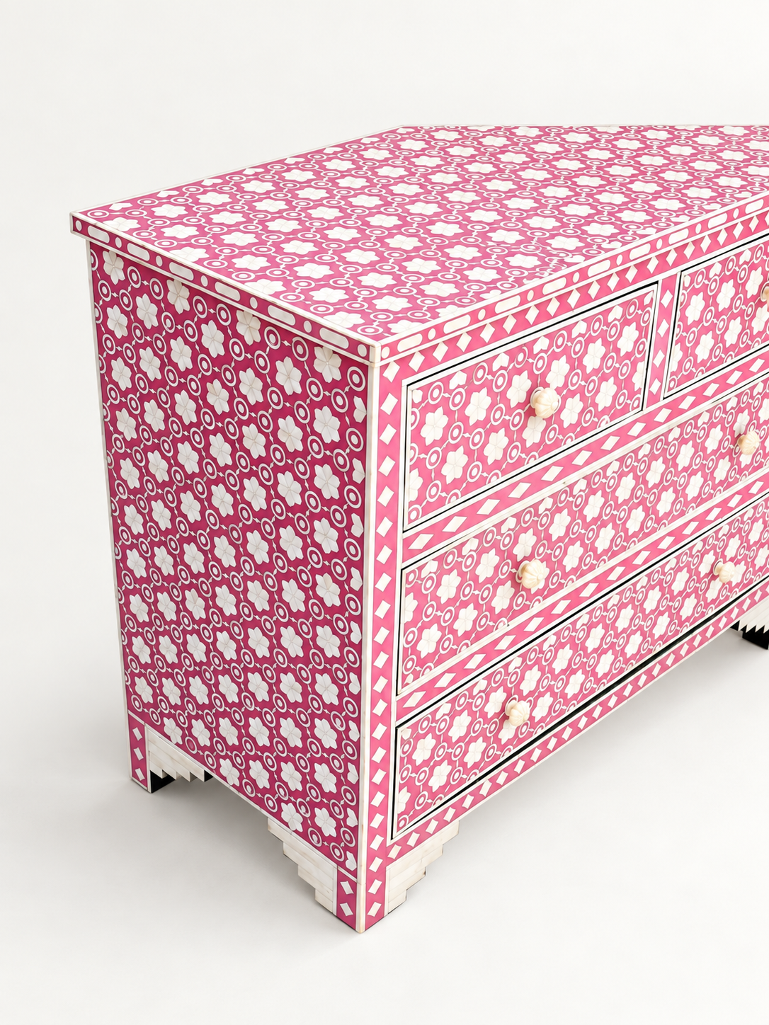 Handmade Pink Bone Inlay Chest of Drawers – Floral 4 Drawer Dresser