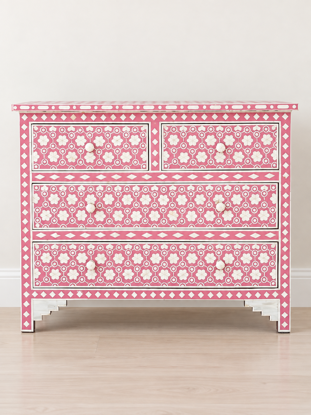 Handmade Pink Bone Inlay Chest of Drawers – Floral 4 Drawer Dresser