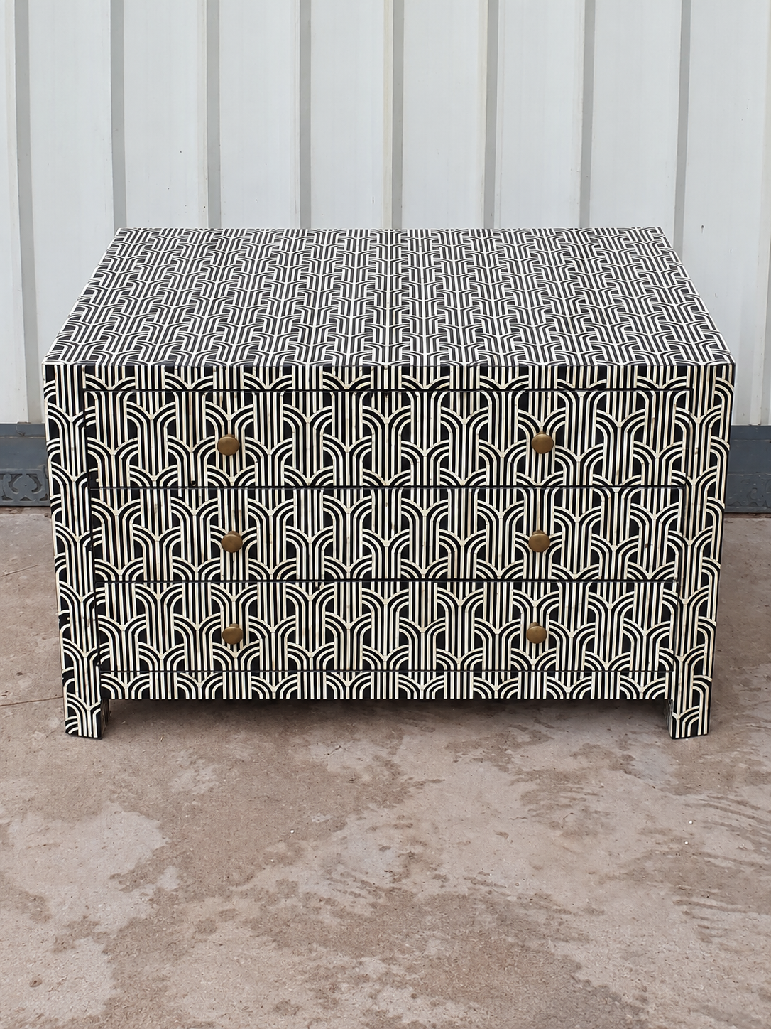 Handmade Black & White Bone Inlay Dresser – Art Deco 3 Drawer Chest