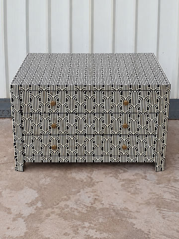 Handmade Black & White Bone Inlay Dresser – Art Deco 3 Drawer Chest