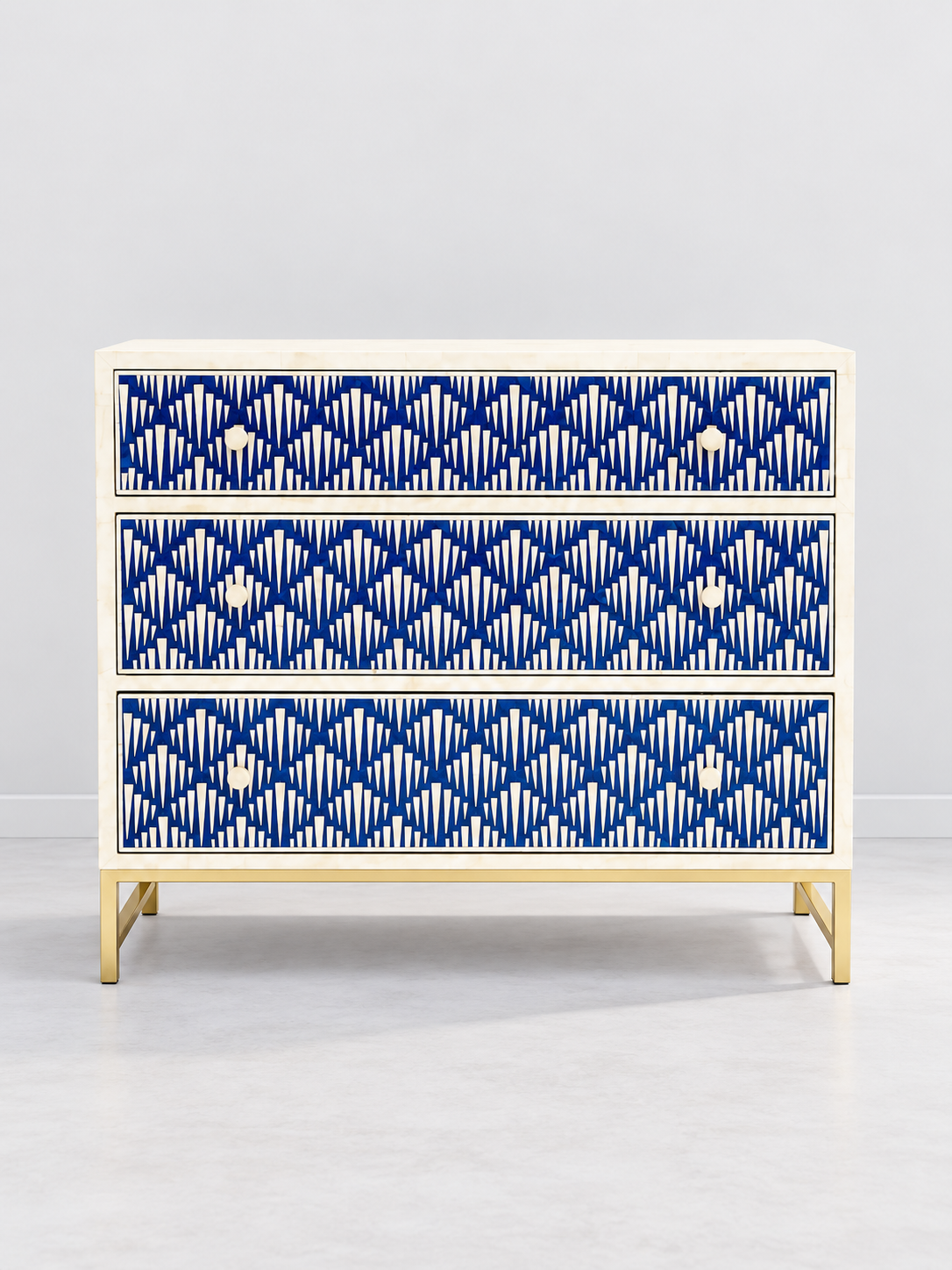 Handmade Blue Bone Inlay 3 Drawer Dresser – Geometric Chest of Drawers