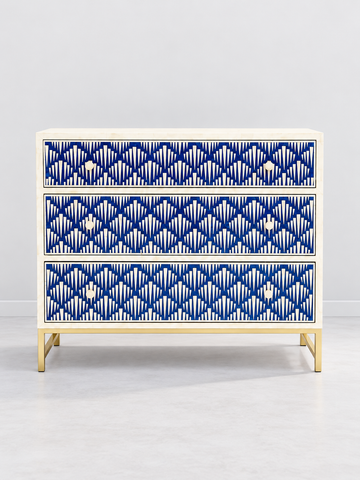Handmade Blue Bone Inlay 3 Drawer Dresser – Geometric Chest of Drawers