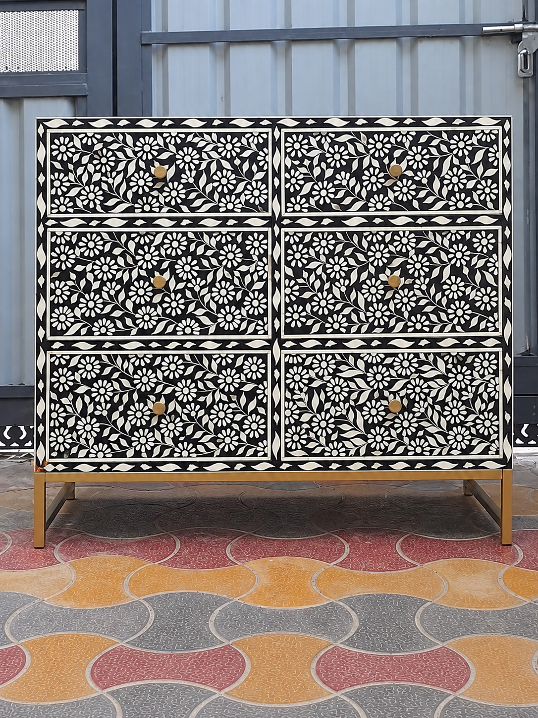 Handmade Black Bone Inlay 6 Drawer Dresser – Floral Chest of Drawers