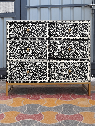 Handmade Black Bone Inlay 6 Drawer Dresser – Floral Chest of Drawers