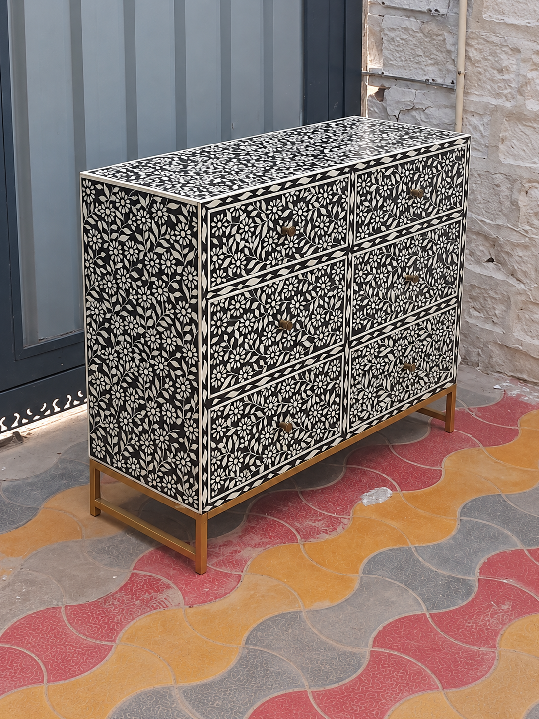 Handmade Black Bone Inlay 6 Drawer Dresser – Floral Chest of Drawers