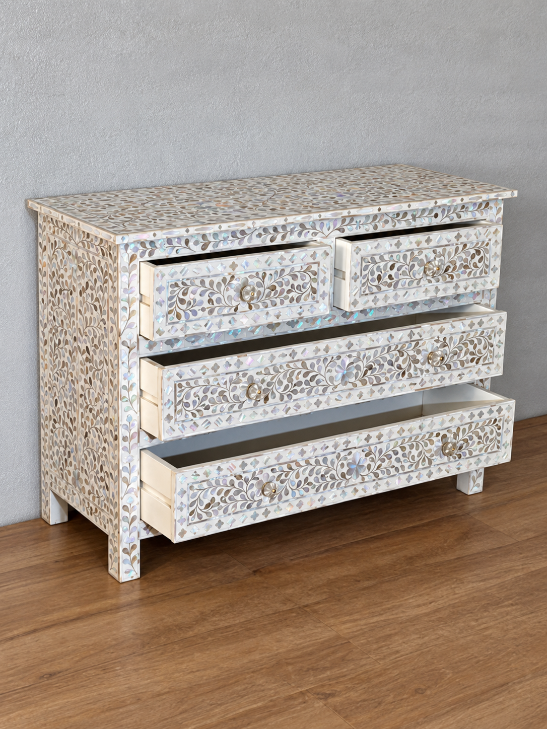 White Mother of Pearl Inlay Sideboard with 4 Drawers – Floral Design