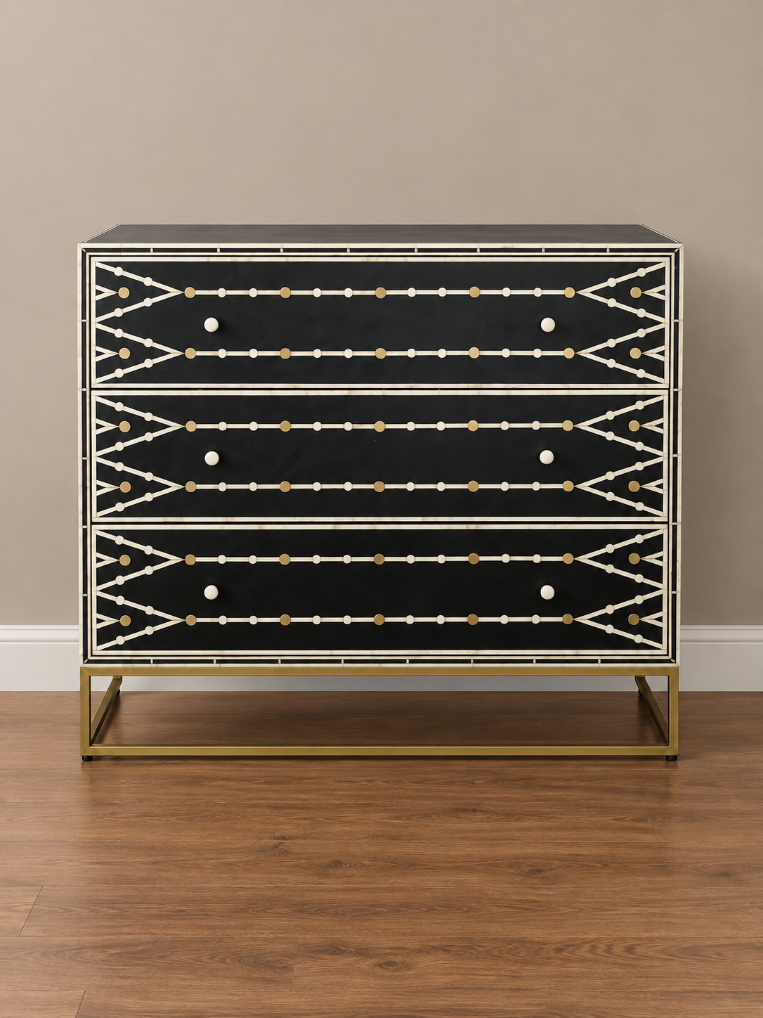 Handmade Black Bone Inlay Dresser – 3 Drawer Chest with Brass Base