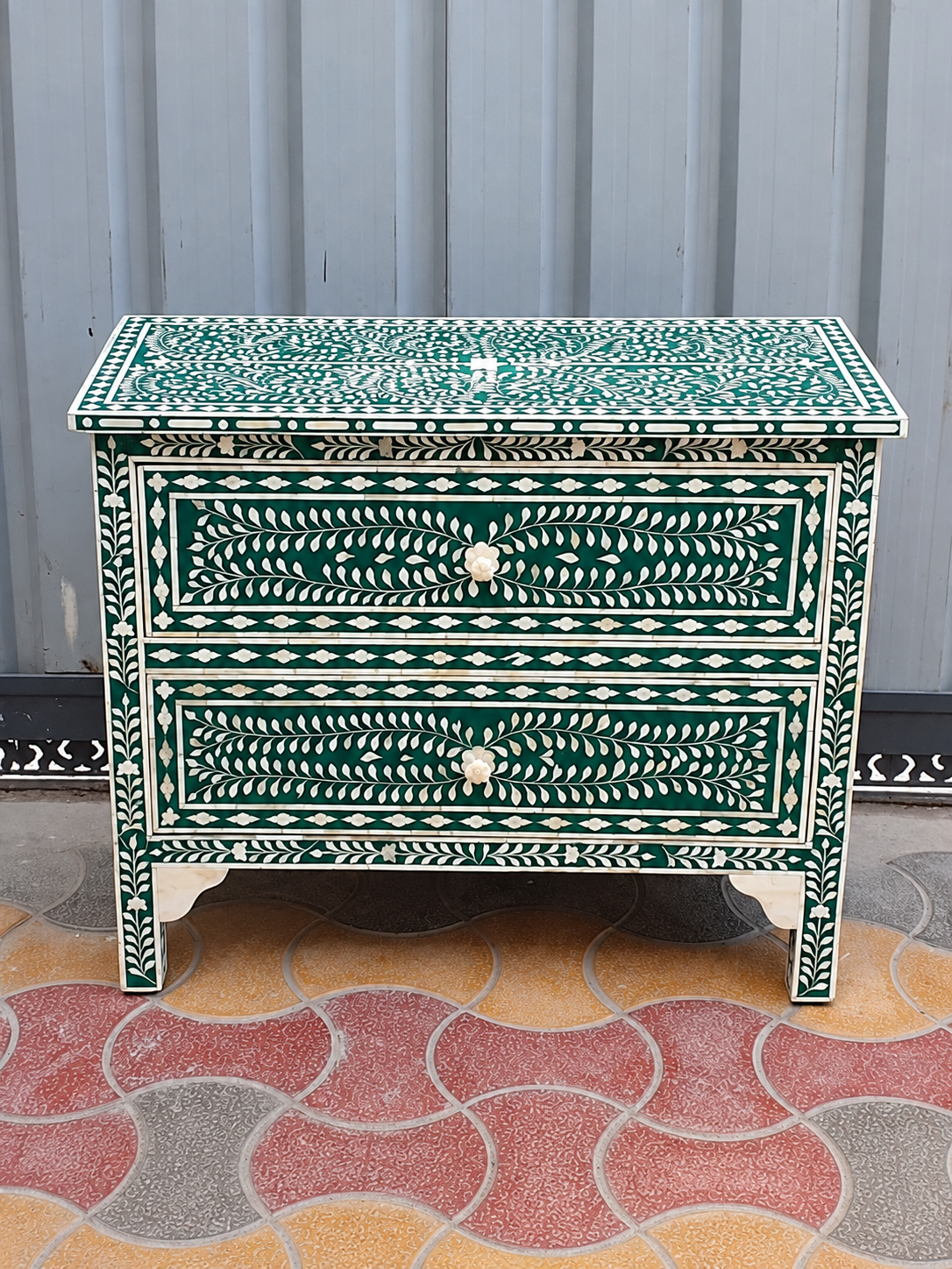 Handmade Green Bone Inlay 2 Drawer Chest – Floral Dresser & Bedside Cabinet