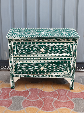 Handmade Green Bone Inlay 2 Drawer Chest – Floral Dresser & Bedside Cabinet