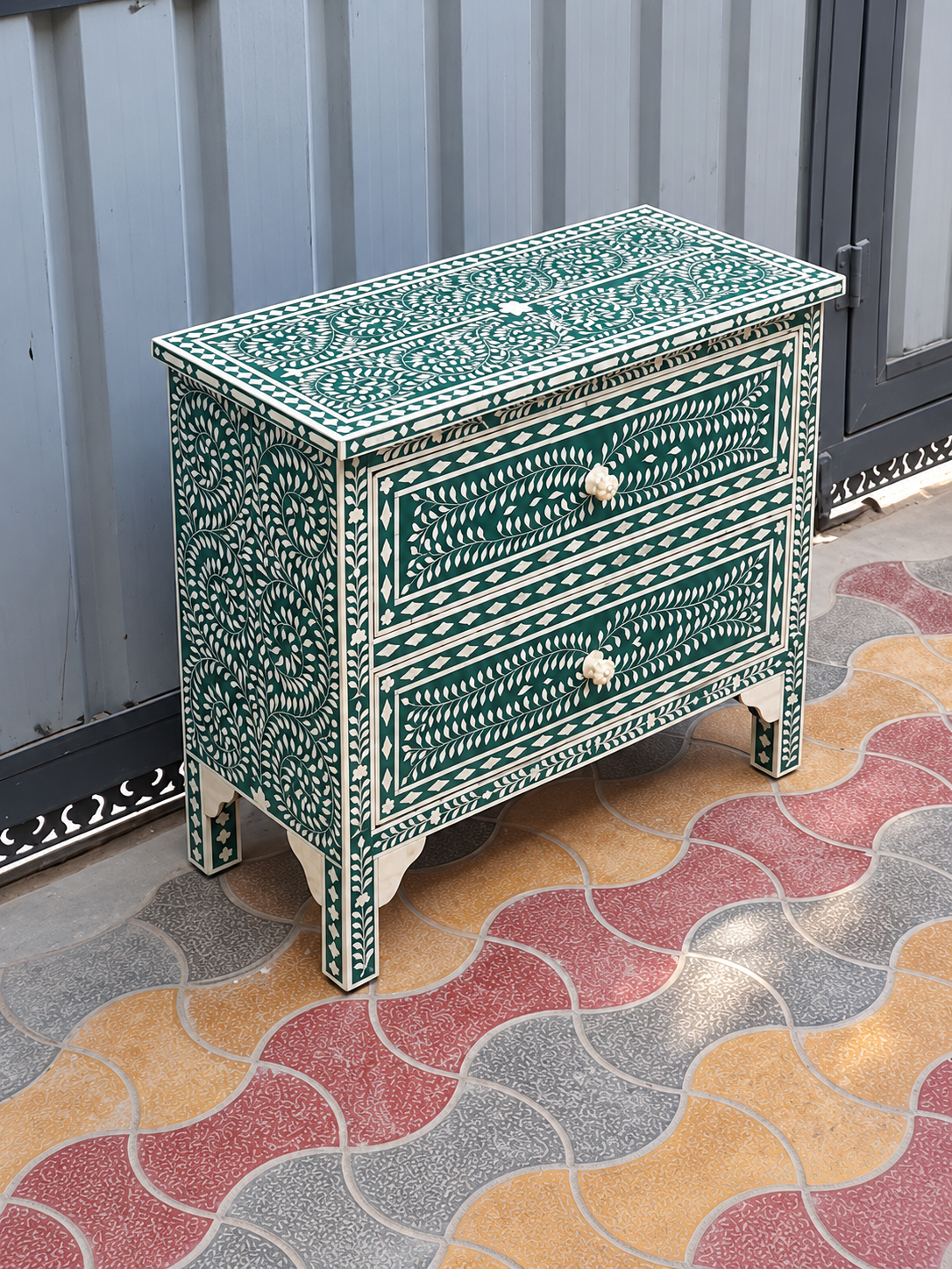 Handmade Green Bone Inlay 2 Drawer Chest – Floral Dresser & Bedside Cabinet