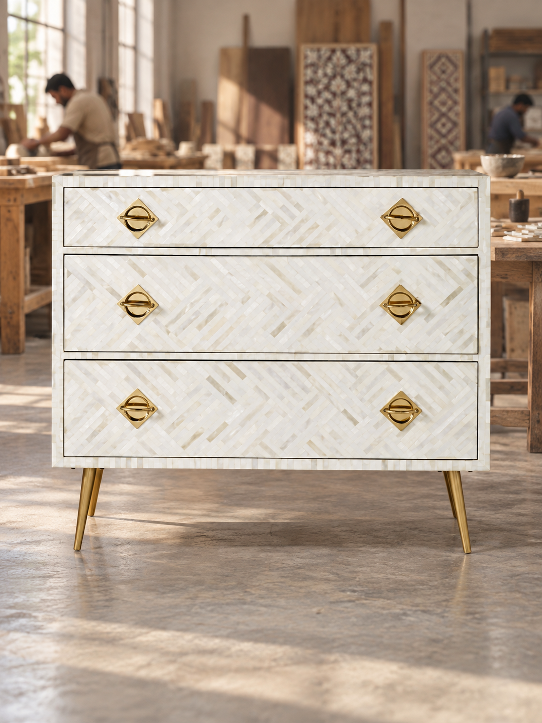 Handmade White Bone Inlay 3 Drawer Dresser – Geometric Chest of Drawers