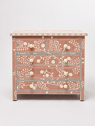 Handmade Pink Bone Inlay 5 Drawer Dresser – Floral Chest of Drawers