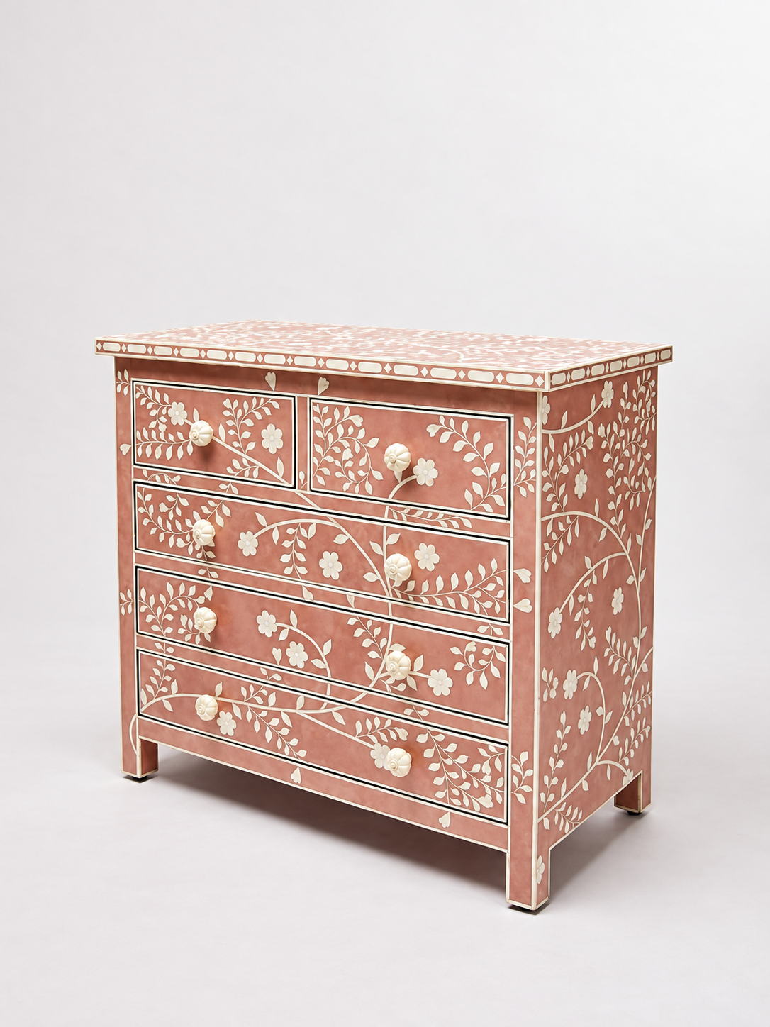 Handmade Pink Bone Inlay 5 Drawer Dresser – Floral Chest of Drawers