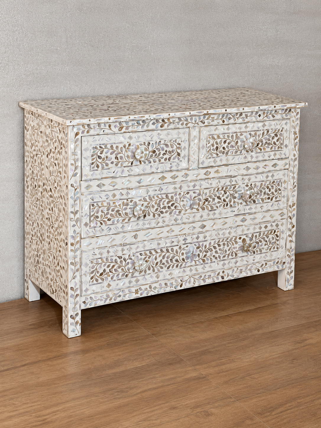 White Mother of Pearl Inlay Sideboard with 4 Drawers – Floral Design