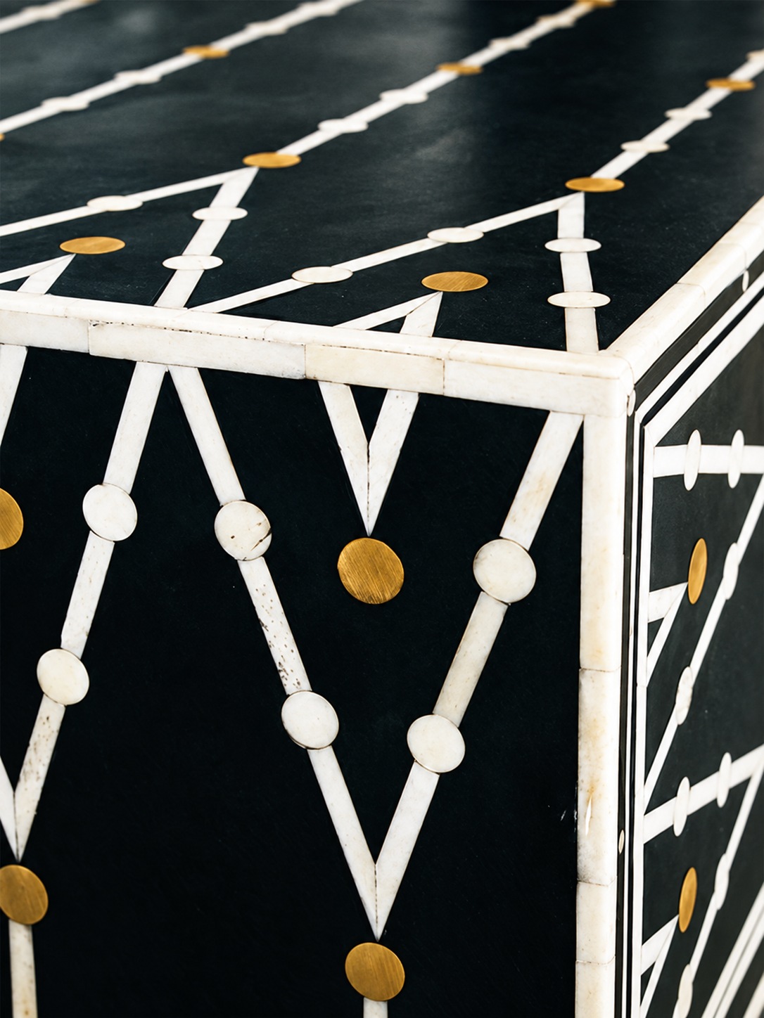 Handmade Black Bone Inlay Dresser – 3 Drawer Chest with Brass Base