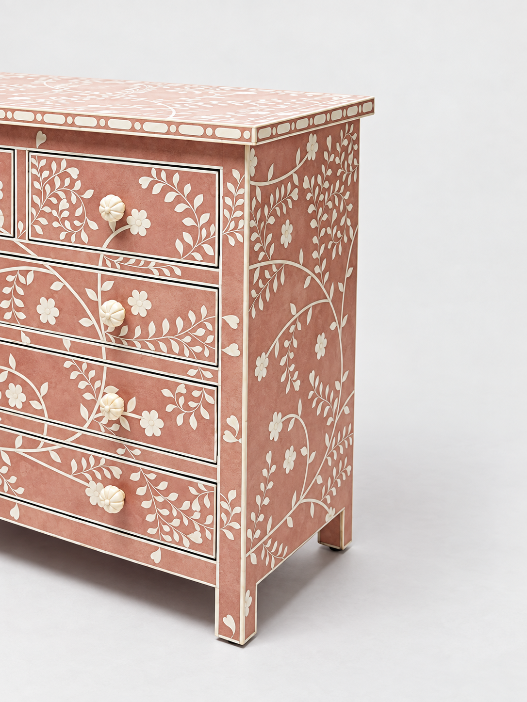 Handmade Pink Bone Inlay 5 Drawer Dresser – Floral Chest of Drawers