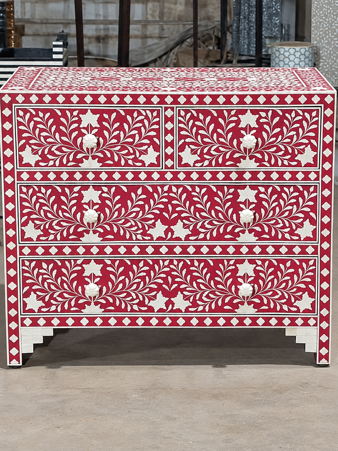 Handmade Red Bone Inlay 4 Drawer Dresser – Floral Chest of Drawers
