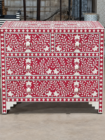 Handmade Red Bone Inlay 4 Drawer Dresser – Floral Chest of Drawers