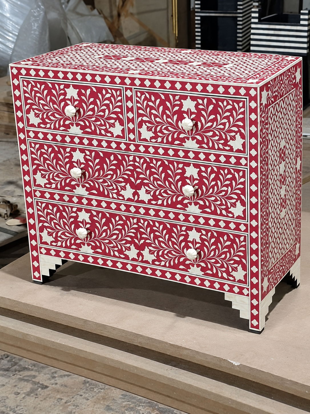 Handmade Red Bone Inlay 4 Drawer Dresser – Floral Chest of Drawers