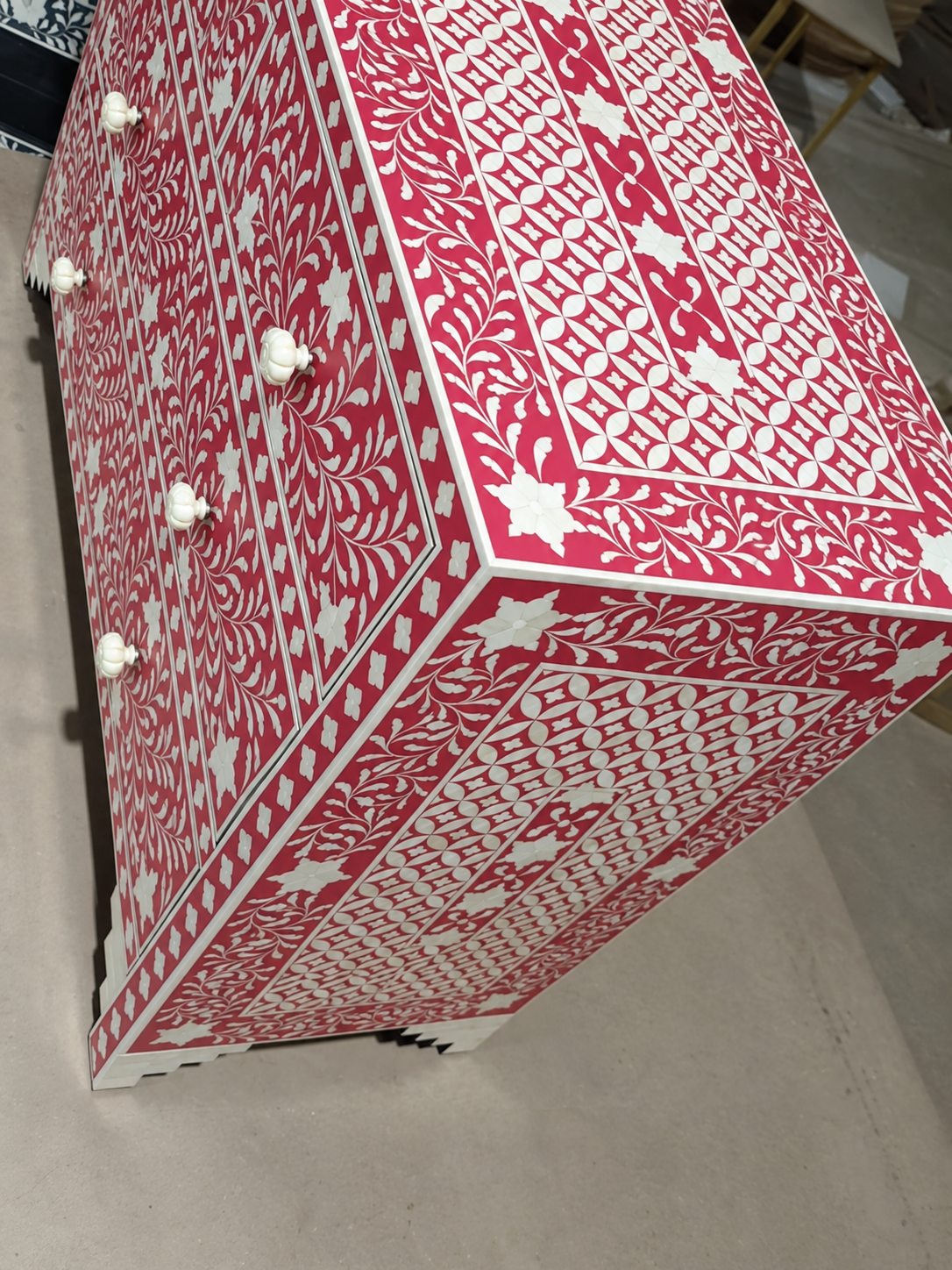 Handmade Red Bone Inlay 4 Drawer Dresser – Floral Chest of Drawers