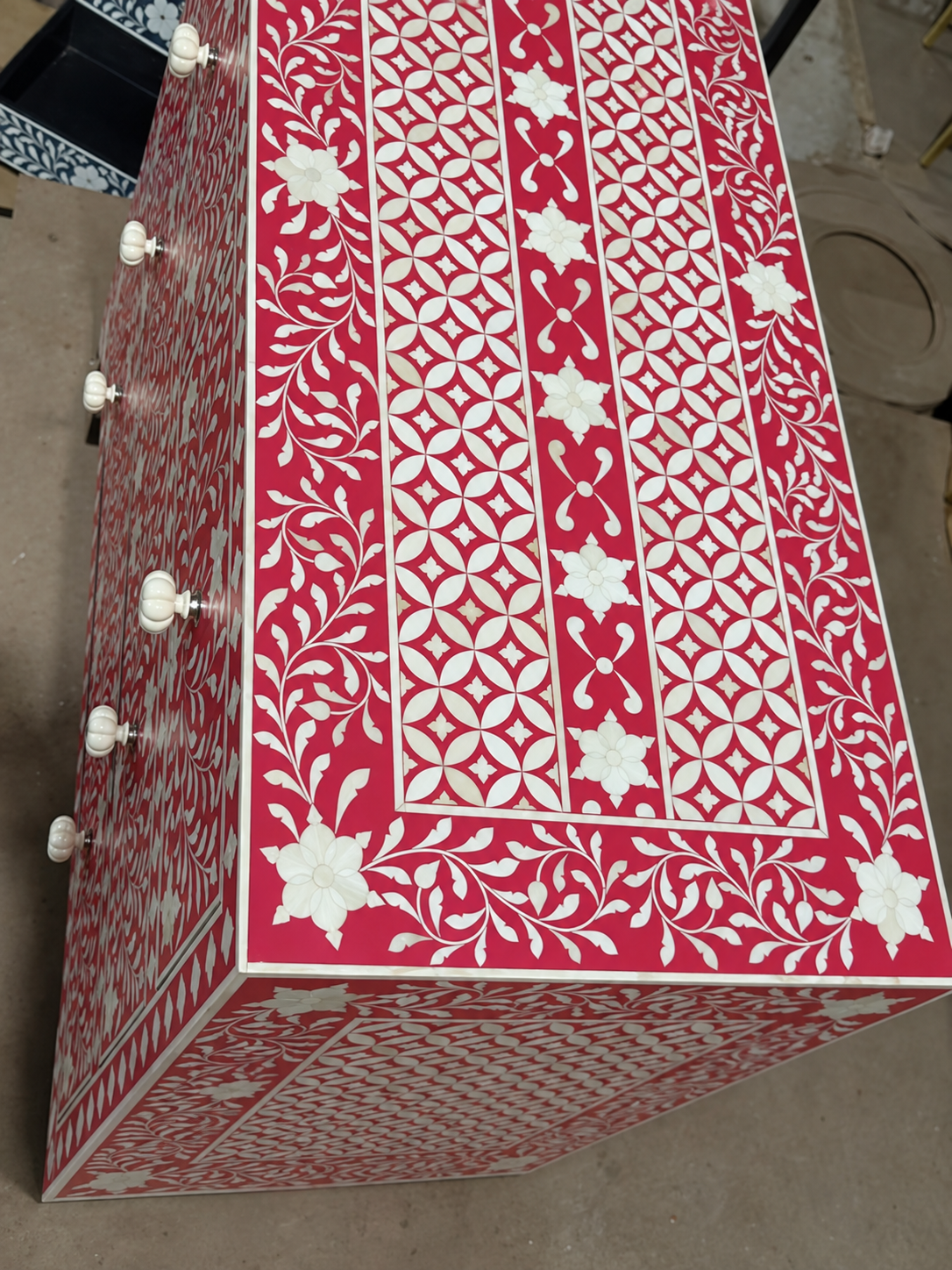 Handmade Red Bone Inlay 4 Drawer Dresser – Floral Chest of Drawers