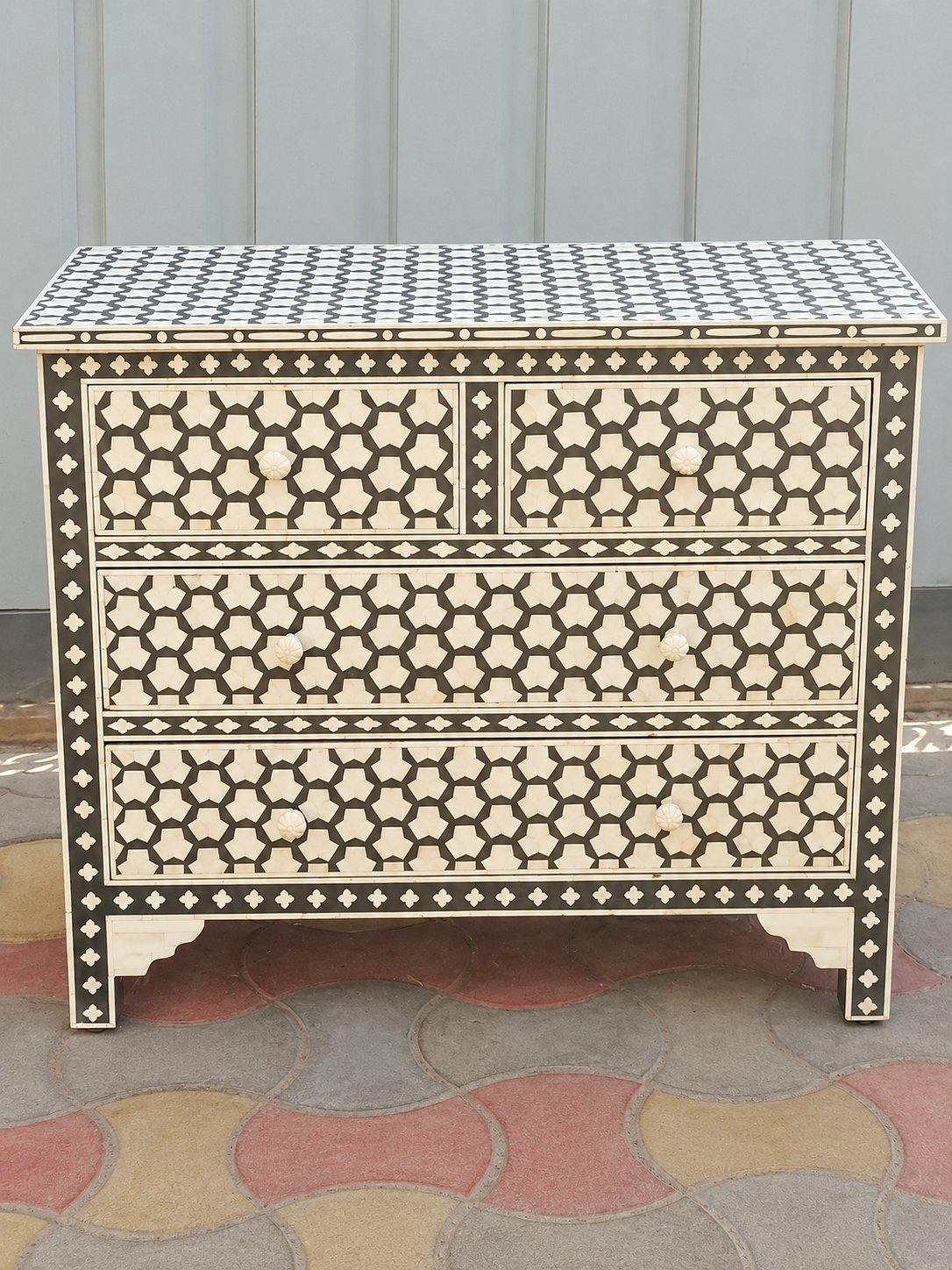Handmade Grey Bone Inlay 4 Drawer Dresser – Geometric Chest of Drawers