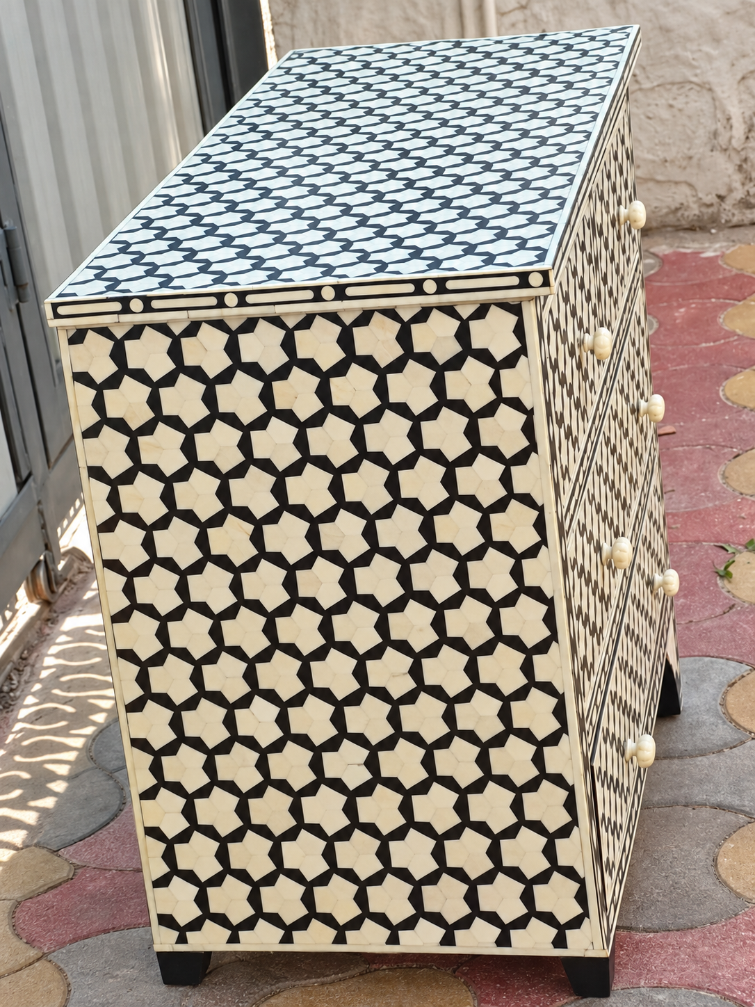 Handmade Grey Bone Inlay 4 Drawer Dresser – Geometric Chest of Drawers
