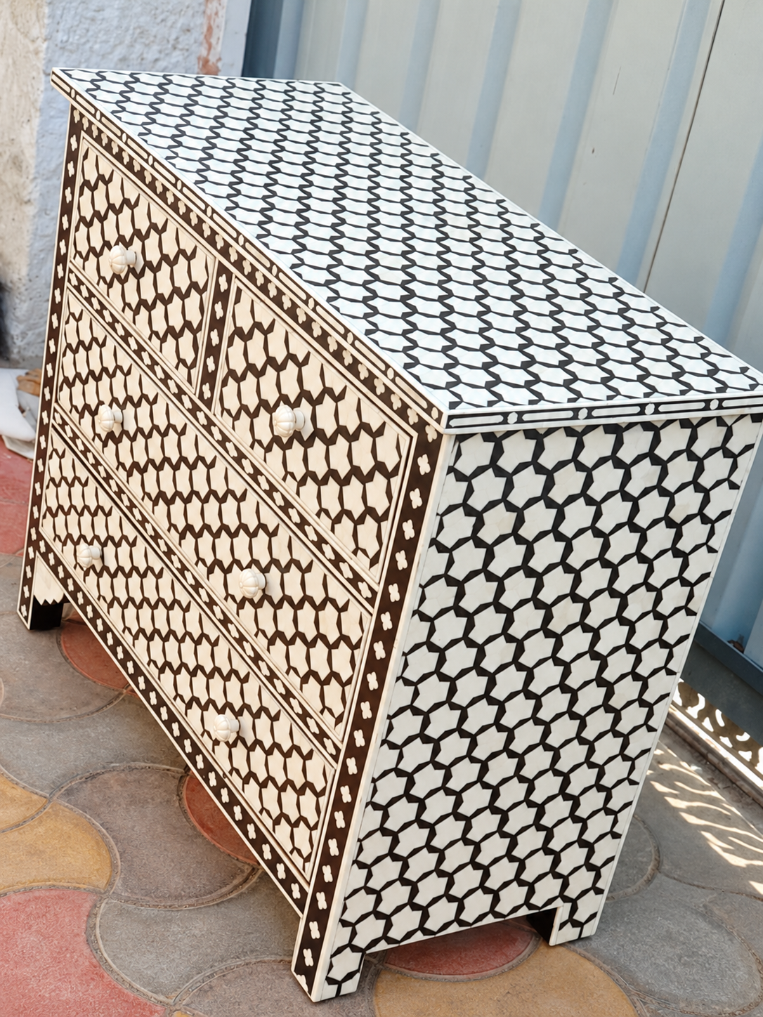 Handmade Grey Bone Inlay 4 Drawer Dresser – Geometric Chest of Drawers