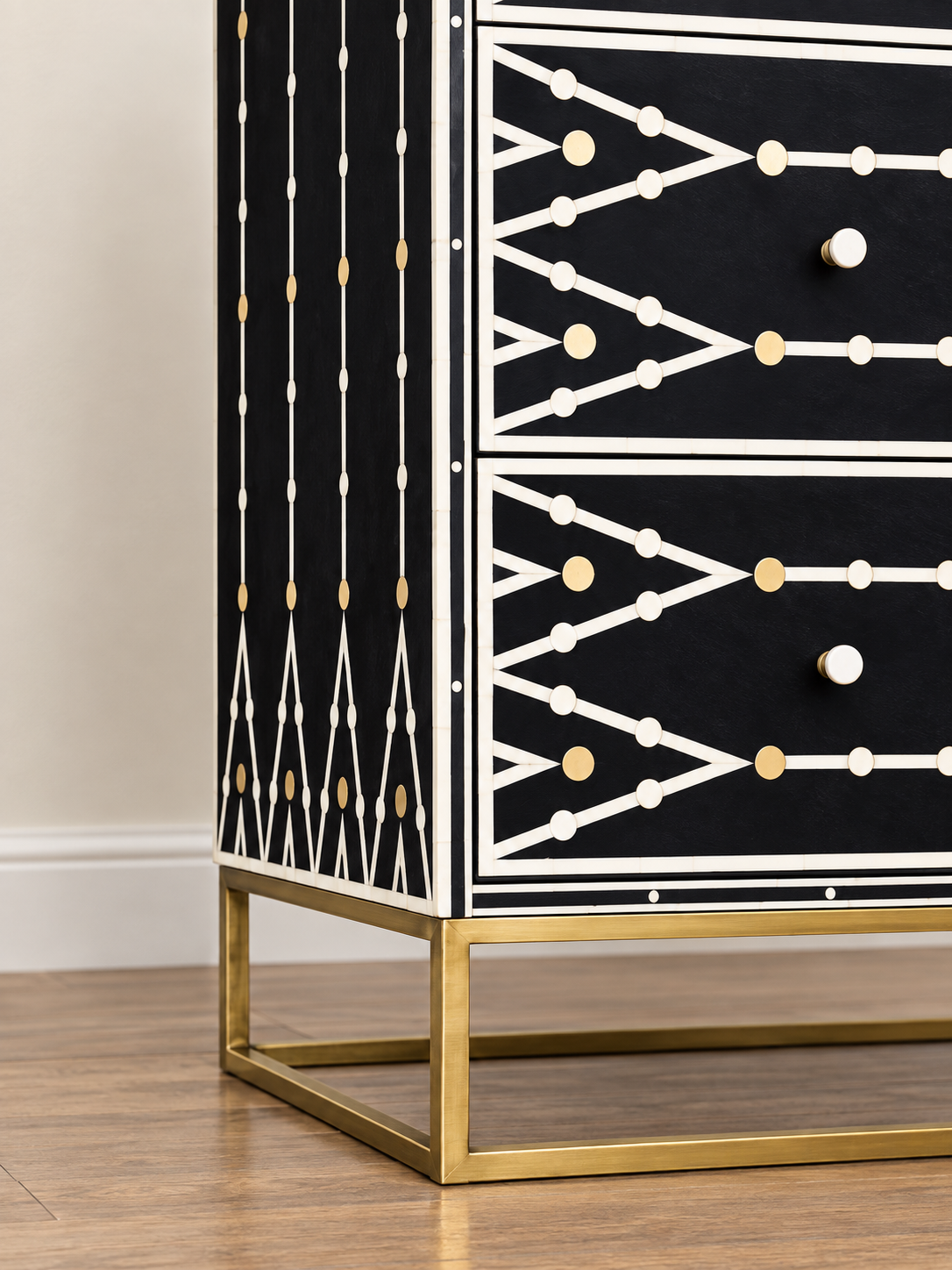 Handmade Black Bone Inlay Dresser – 3 Drawer Chest with Brass Base