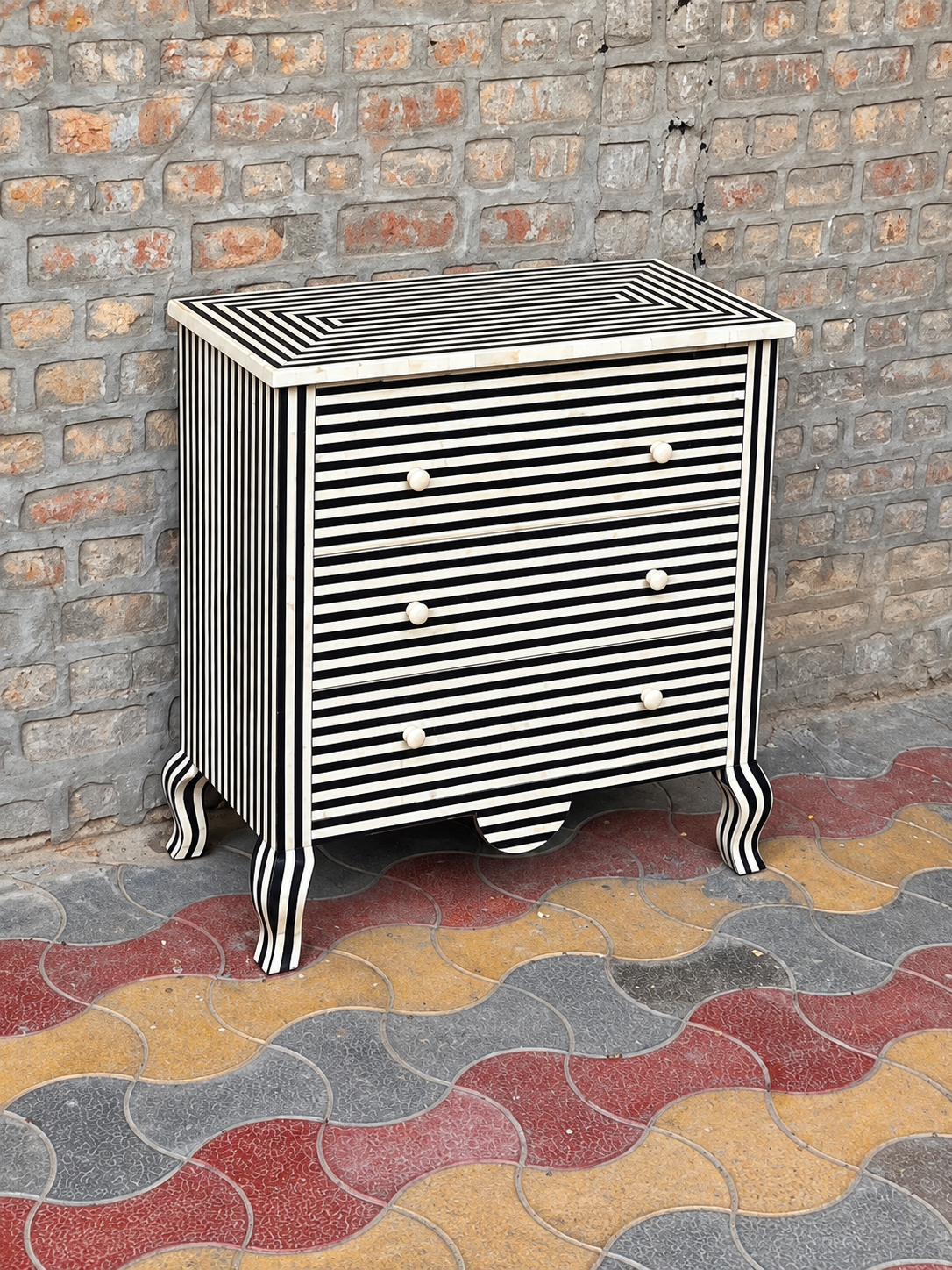 Handmade Black & White Striped Bone Inlay 3 Drawer Dresser