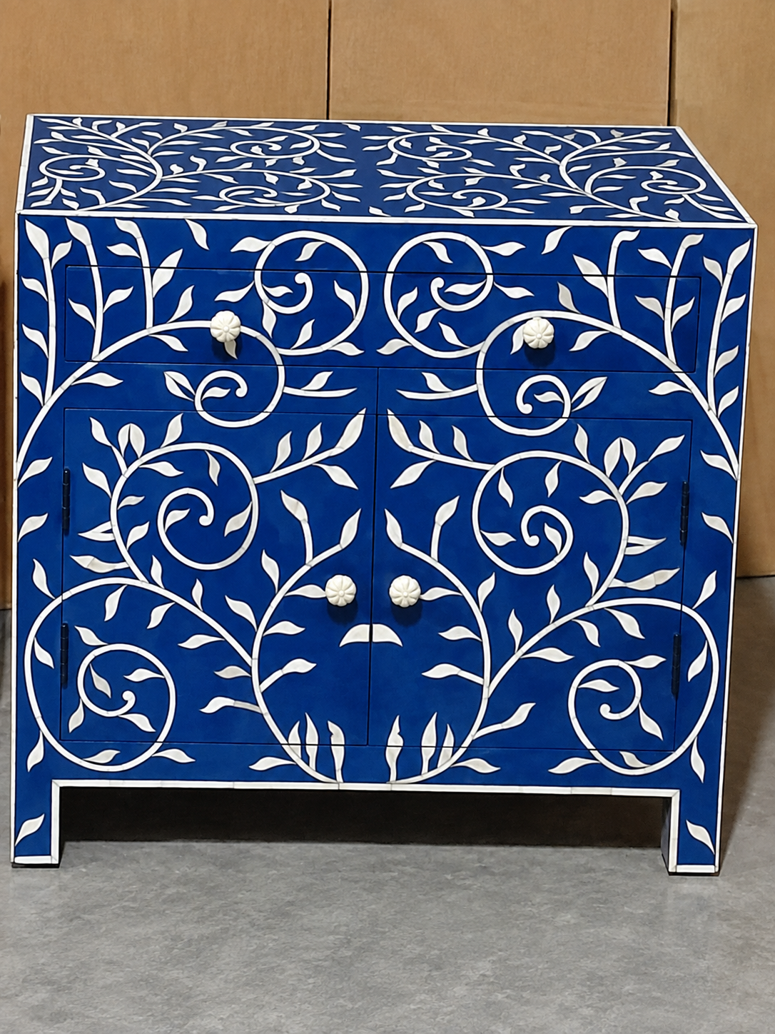 Handmade Blue Bone Inlay Cabinet with Floral Vine Design