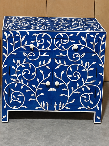 Handmade Blue Bone Inlay Cabinet with Floral Vine Design