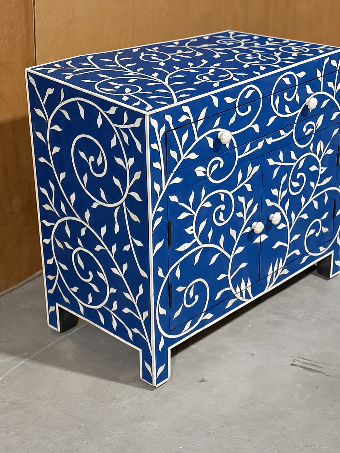 Handmade Blue Bone Inlay Cabinet with Floral Vine Design