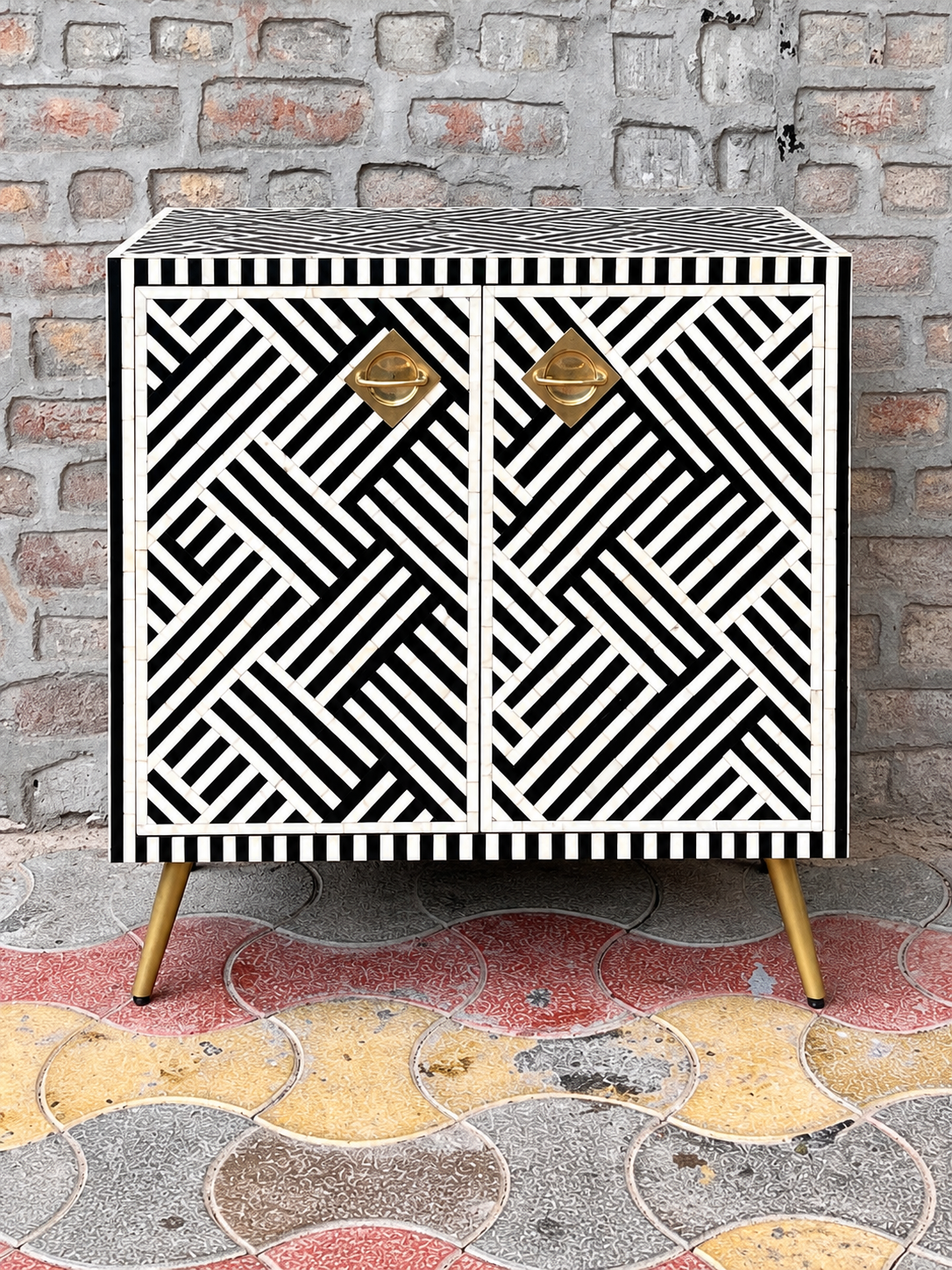 Handmade Black & White Bone Inlay Cabinet – Geometric Pattern