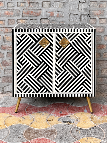 Handmade Black & White Bone Inlay Cabinet – Geometric Pattern