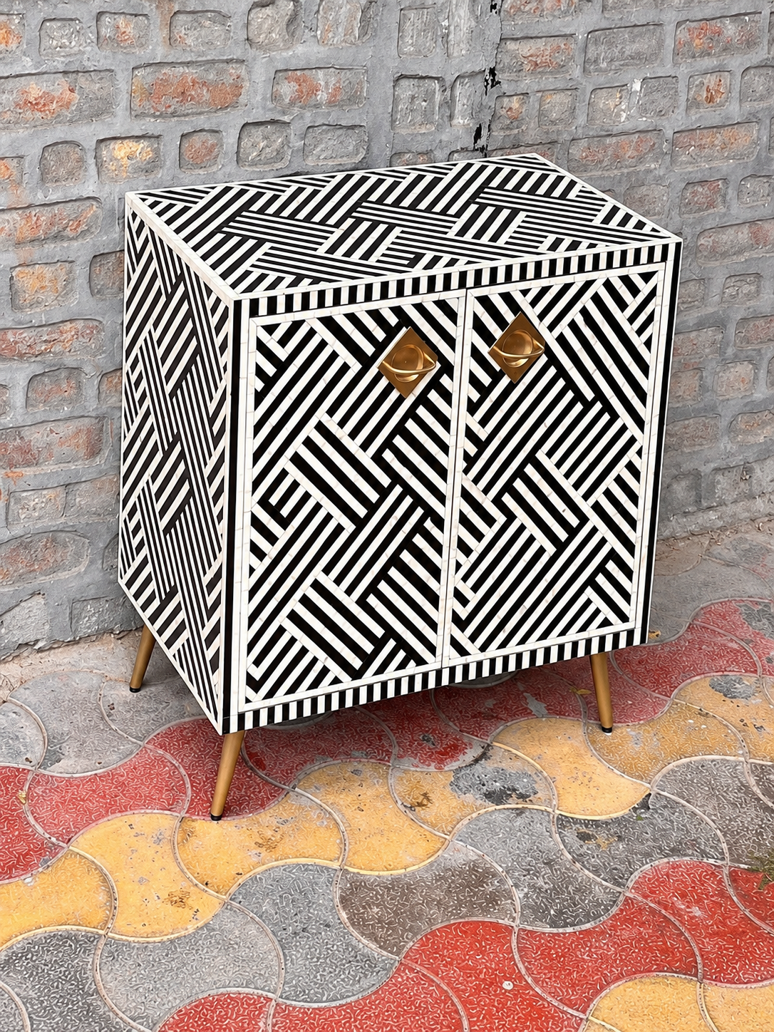 Handmade Black & White Bone Inlay Cabinet – Geometric Pattern