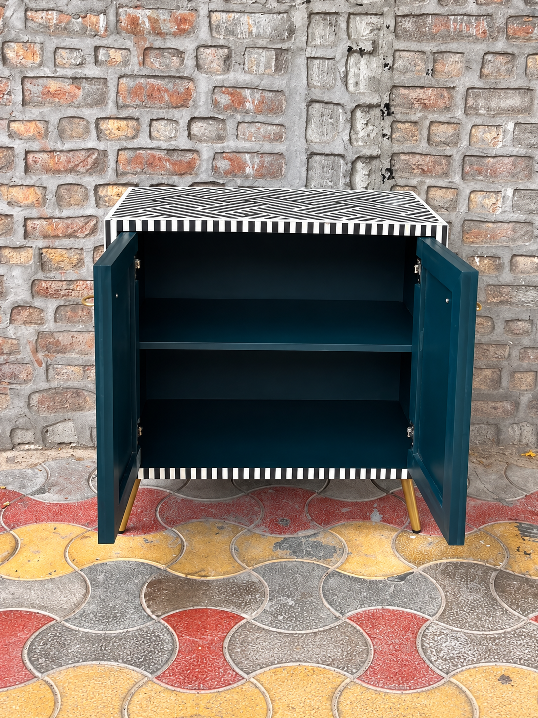 Handmade Black & White Bone Inlay Cabinet – Geometric Pattern