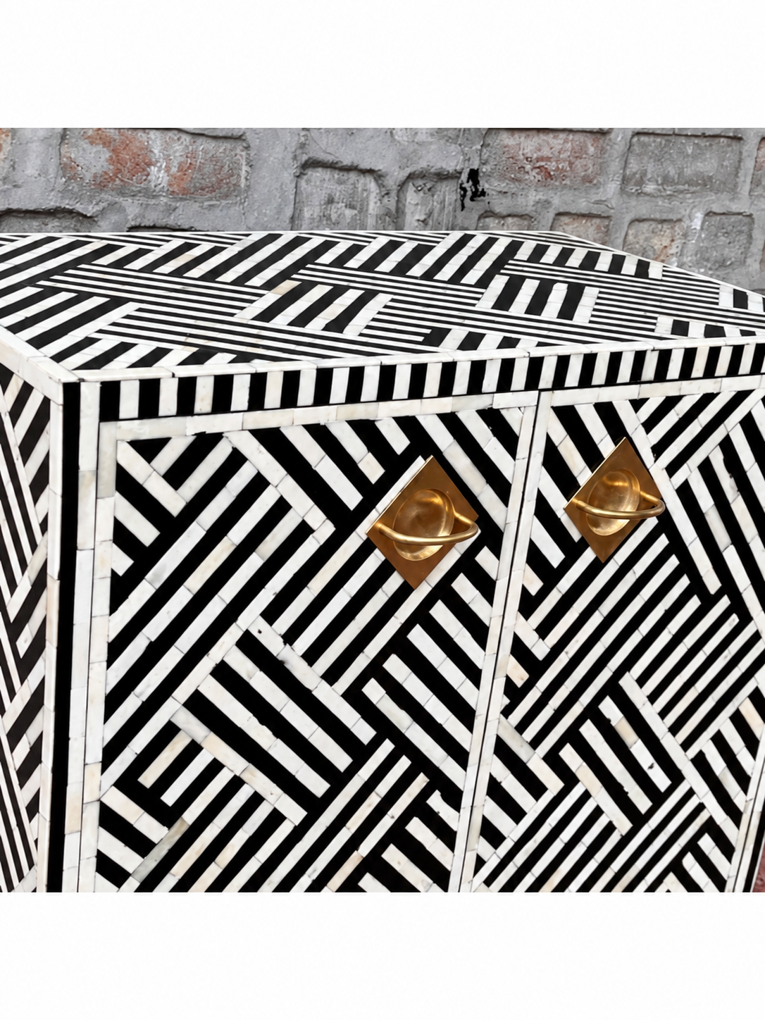Handmade Black & White Bone Inlay Cabinet – Geometric Pattern