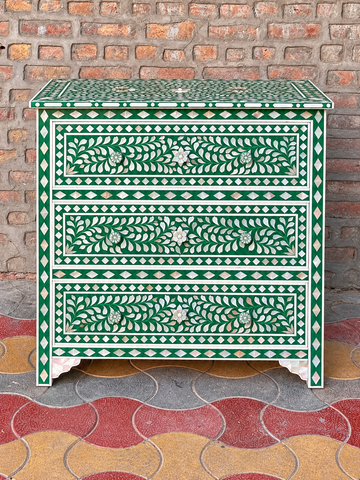 green mother of pearl chest of drawers, mother of pearl chest of drawers, green mother of pearl dresser, mother of pearl dresser, mother of pearl inlay furniture, 3 drawer chest, green inlay furniture, floral chest of drawers, handmade dresser, inlay storage cabinet, green storage chest, floral inlay furniture, handmade Indian furniture
