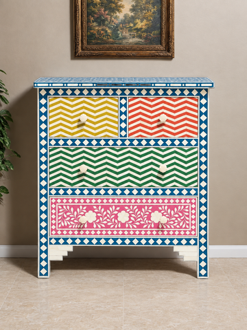 Handmade Multicolor Bone Inlay Chest of Drawers – Chevron Floral Dresser