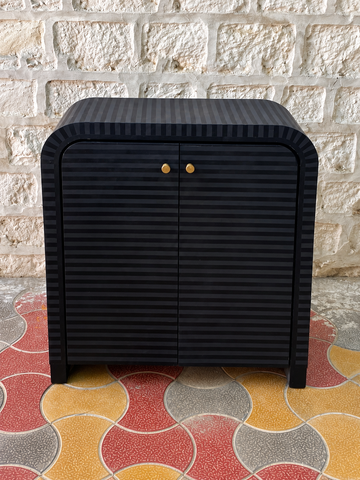 Handmade Black Fluted 2 Door Cabinet with Gold Knobs